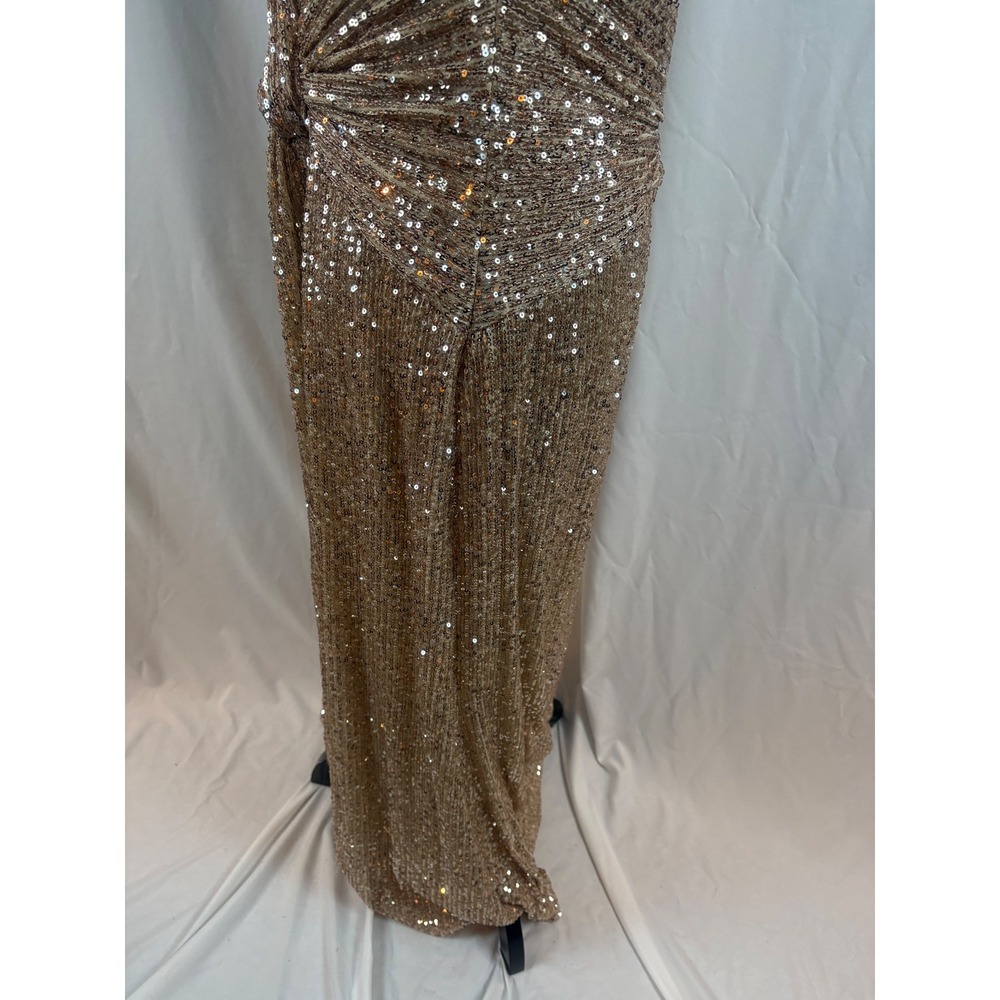 Champagne Gold Sequin Wrap V-Neck Sleeveless Maxi Evening Gown Knot Detail Dress - Picture 5 of 15